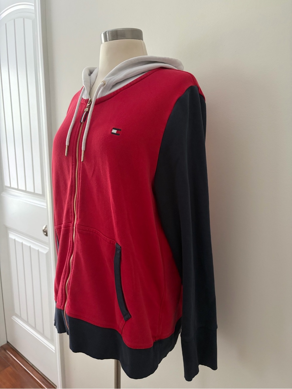 Tommy Hilfiger Retro Colorblock French Terry Red Navy Zip-Up Hoodie XL Preppy - Picture 7 of 11